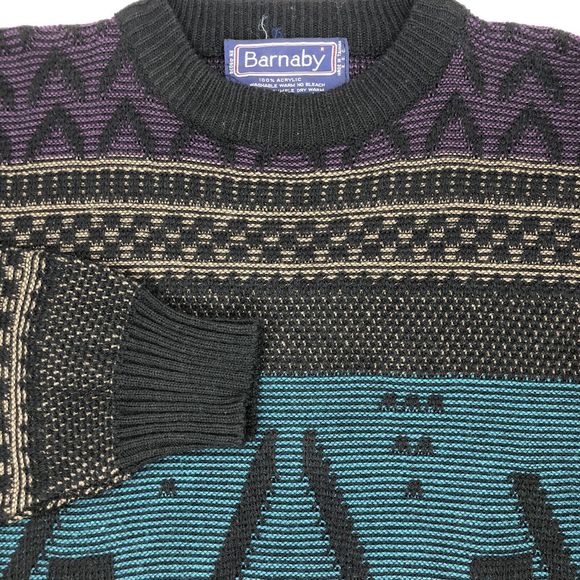 Vtg Barnaby‎ Men's Large Black Green Abstract Print 80s/90s Knit Acrylic Sweater - Picture 1 of 4